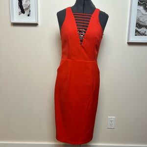 Chic Orange Red Strappy Plunging Neckline Cocktail Dress